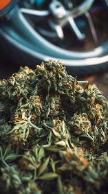 Sunlit cannabis buds pile against blurred alloy wheel glow.