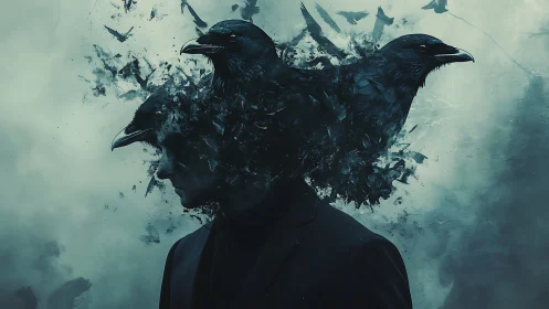 Surreal male portrait dissolves into ravens and fracturing smoke