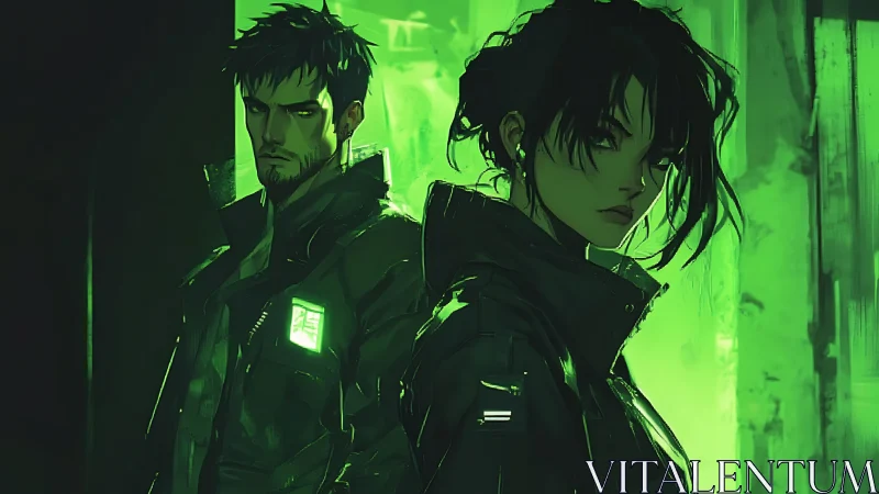 Cyberpunk duo stands in neon green industrial alleyway