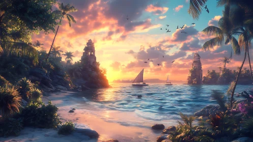 Tropical Island Sunset with Ancient Towers.
