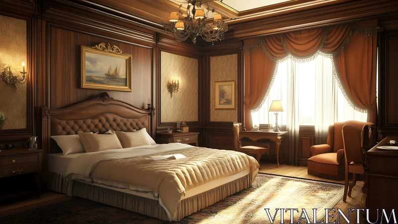 Classic wood-paneled bedroom shows warm lighting and decor