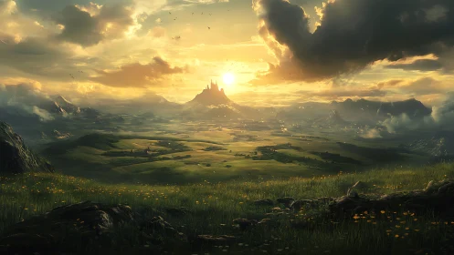 Sunlit kingdom rising over vast emerald valley at dusk.