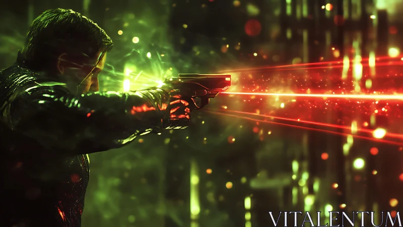 Cybernetic gunman firing neon-red lasers in green haze.