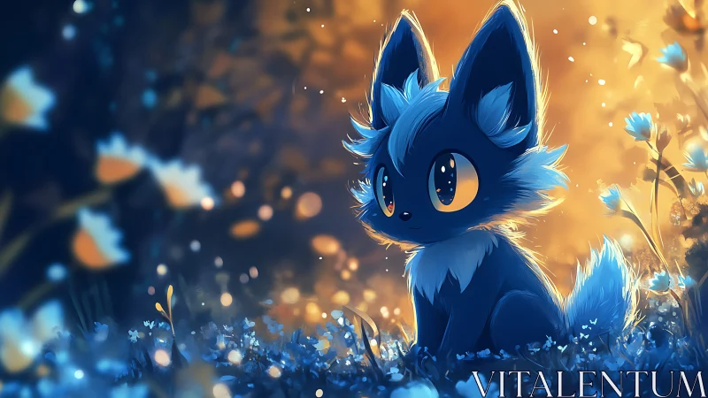 Starlit blue foxling dreams under glowing forest bloom.