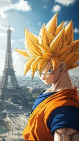 Anime hero portrait against Paris skyline composition.