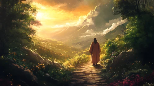Robed figure walking mountain path toward glowing horizon.
