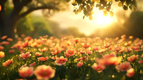 Flower field under warm sunset light with shallow depth.