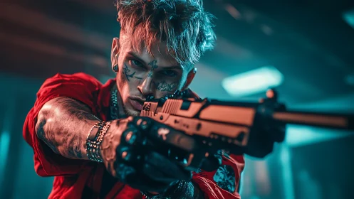 Edgy cyberpunk rebel levels a futuristic rifle with focus