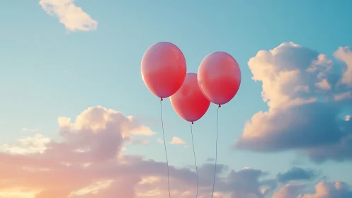 Three Rose-Hued Orbs Drift Through Cerulean Skies Above Cottony Clouds.