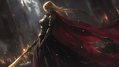 Armored female swordsman stands in ruin-lit battlefield