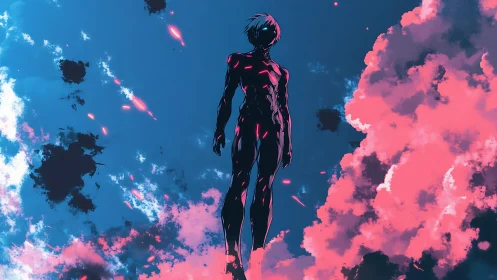 Starlit silhouette drifting between neon cotton skies.