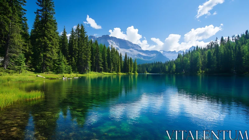 Alpine lake mirrors pine forests and distant rugged peaks.