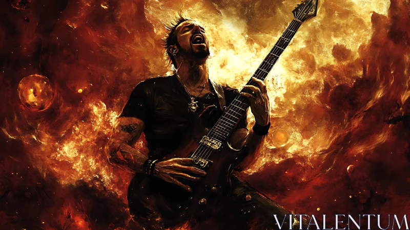 Guitarist blazing through a cosmic storm of fiery sound.