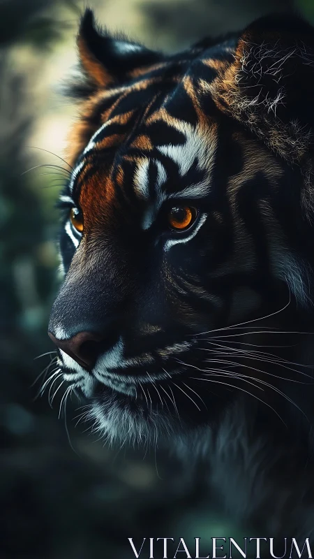 Tiger portrait glows with intense amber eyes in shadowed forest.