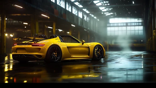 Yellow supercar under moody warehouse cinematic lighting.