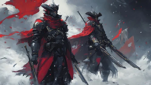 Armored gunfighters stride through swirling red battlefog.