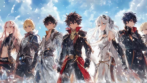 Heroic anime ensemble under bright drifting skies.