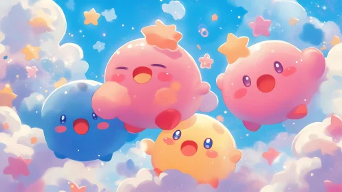 Pastel star-shaped creatures drift through dreamy sky.