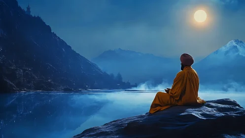 Soft moonlit lake welcomes a peaceful monk in quiet reflection