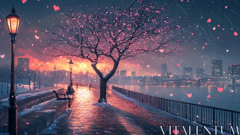 Digital rendering depicting urban waterfront with luminescent heart particle effects and composite l