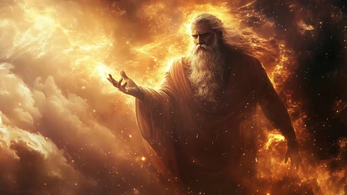 Elder fire god strides through blazing cosmic dawn storm.