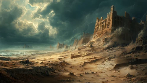 Storm-crowned desert citadel swallowing in golden sandstorm.