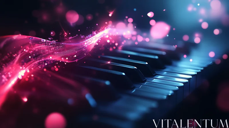 Piano keyboard with abstract pink light trails and bokeh.