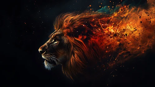 Flaming lion profile rendered with dynamic particle dispersion