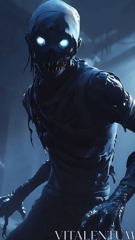 Glowing eyed ghoul stalks corridor in cold blue light.