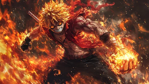 Anime fire warrior in dynamic combat flame composition.