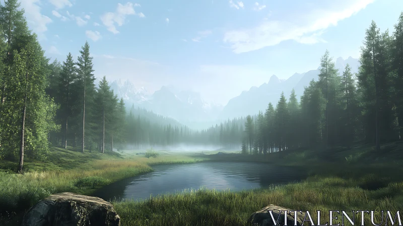 Conifer forest lake with distant mountain range in mist.