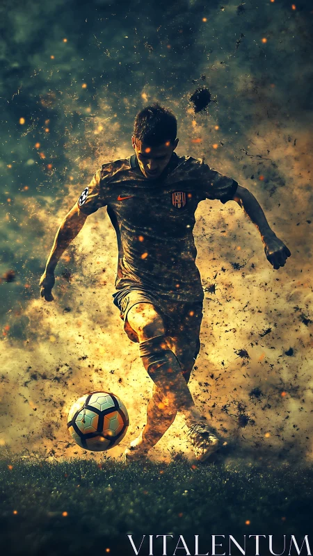Explosive soccer striker in motion amid fiery particle storm.