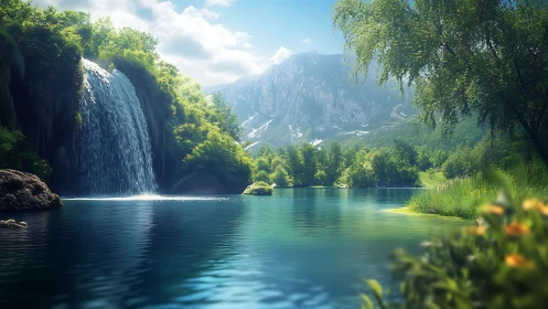 Waterfall hushes a sunlit lake while distant mountains listen