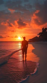 Silhouette watches fiery sunset blaze over tranquil shore.