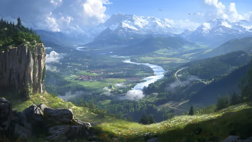 Sunlit mountain valley with winding river and quiet village.