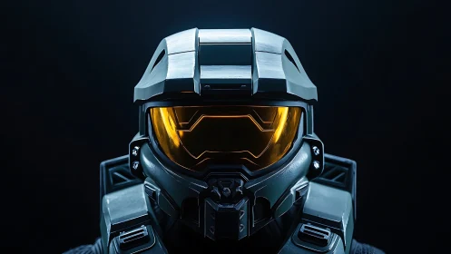 Futuristic armored helmet glowing with quiet golden power.