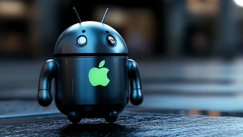 Black android-style robot with green apple logo outdoors.
