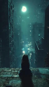 Moonlit child quietly watching a misty neon city breathe