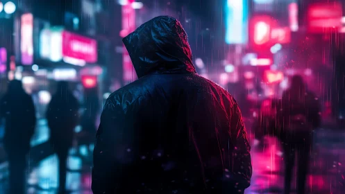 Hooded figure walks neon city street under cold rain.