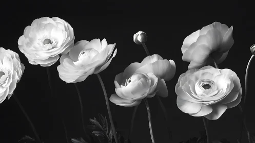 Delicate Ranunculus Blooms in Monochrome Light.