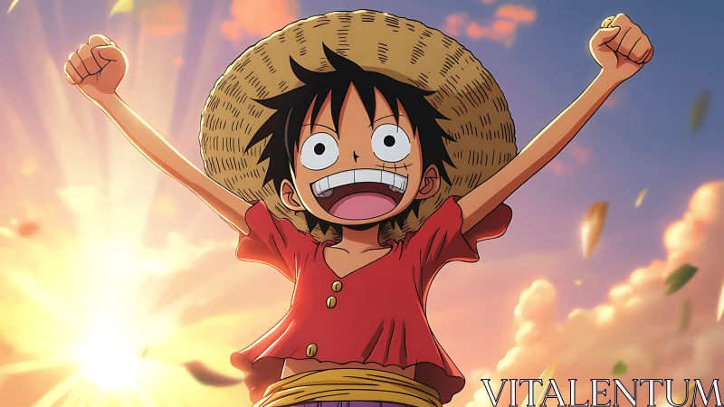 Straw hat cartoon boy with raised arms at sunset sky.