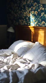 Sunlit floral bedroom nook with softly rumpled bedding.