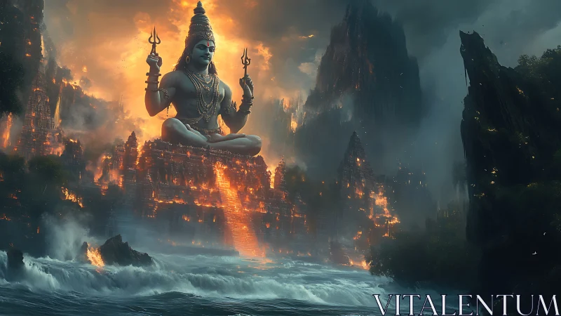 Blazing mountain temple cradles a serene giant deity above