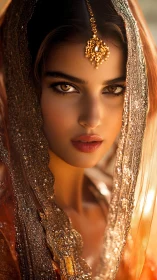 Golden-gazed bride stands in radiant, silk-veiled light