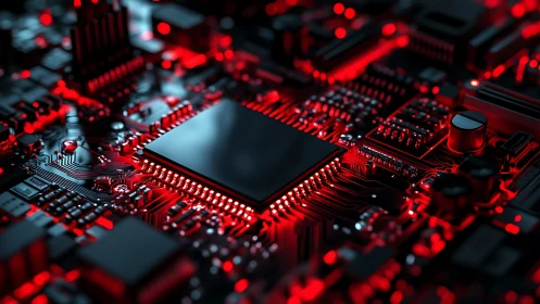 3D microchip array with red illuminated circuit topology.