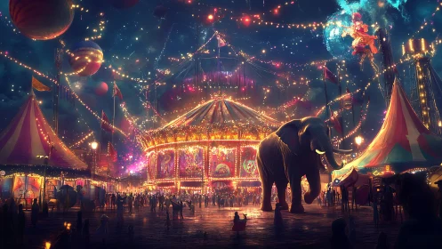 Midnight carnival lights and dreams with a wandering elephant.