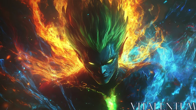 Elemental humanoid figure divides fire and ice energy fields