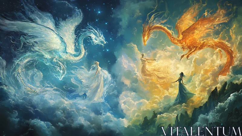Celestial dragons argue in swirling clouds of fire and starlight