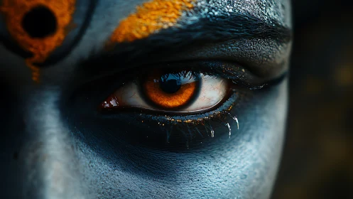 Close-up view isolates painted human eye with orange iris