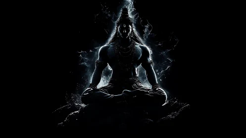 Serene meditative deity sits in glowing mystical darkness